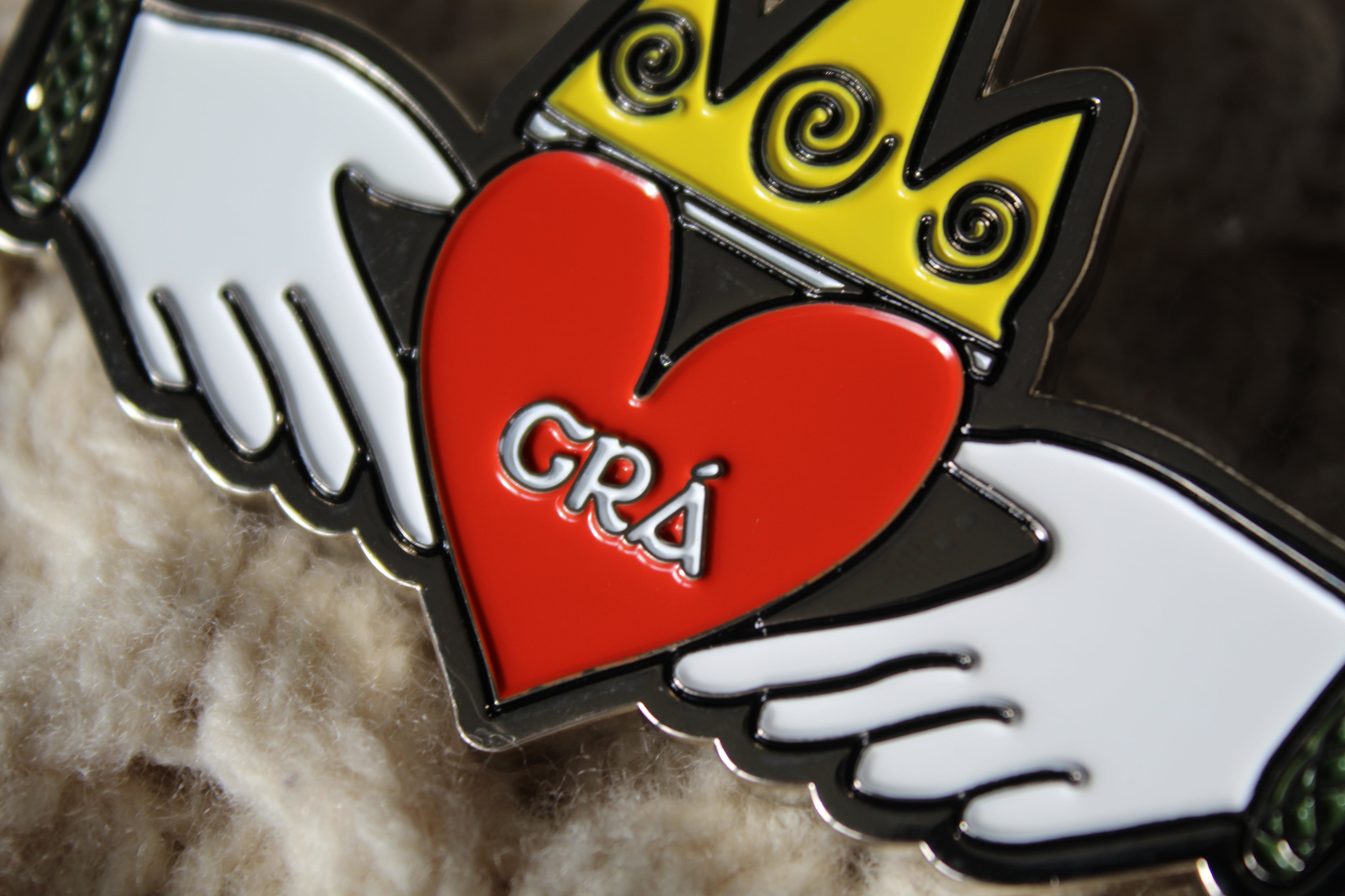Claddagh keyring featuring a red heart with the Irish word ‘Grá’, designed by Irish artist BronaghRaff