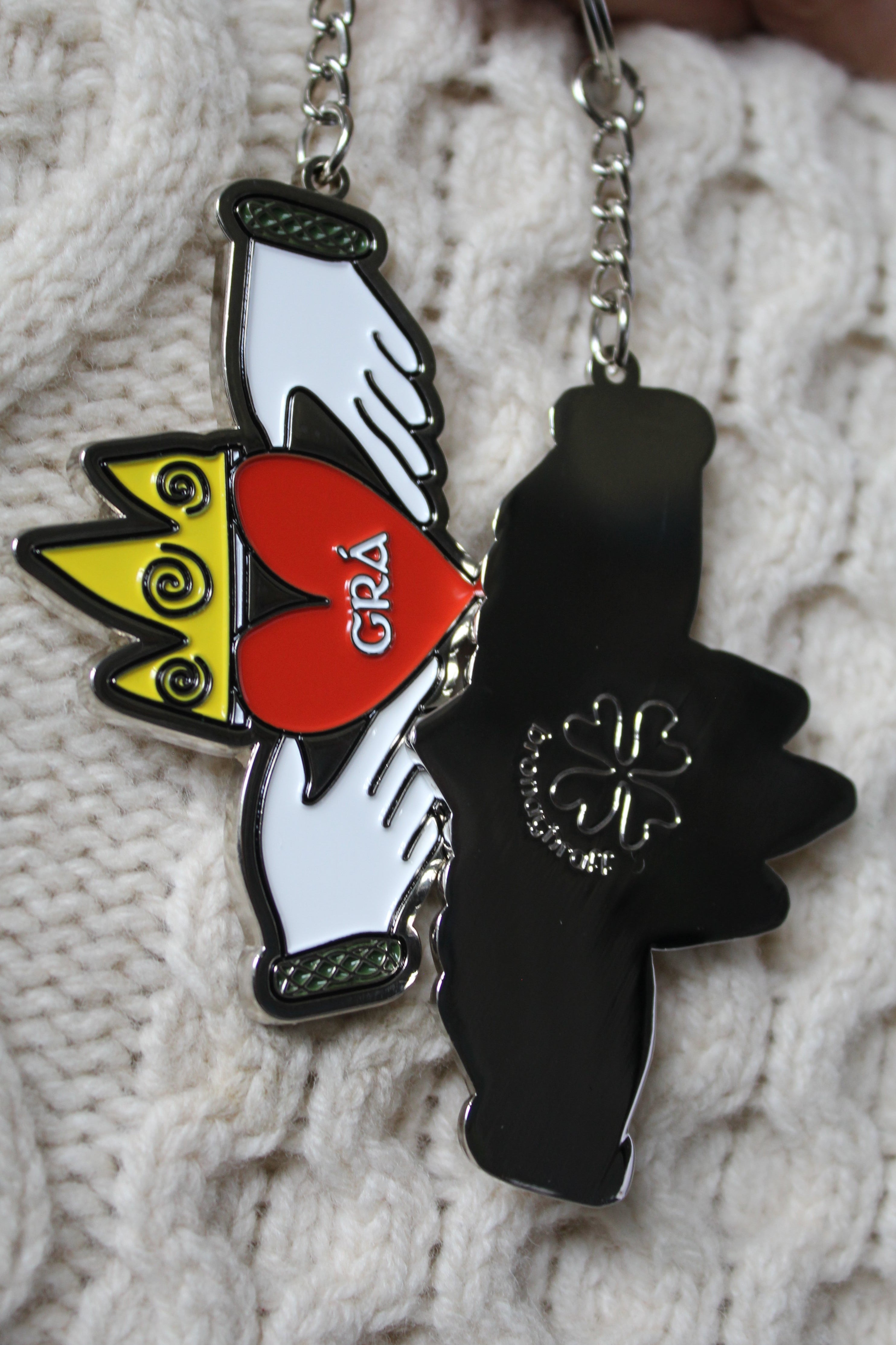Modern Claddagh keyring by Bronagh Rafferty heart, hands and crown with bronaghraff clover logo
