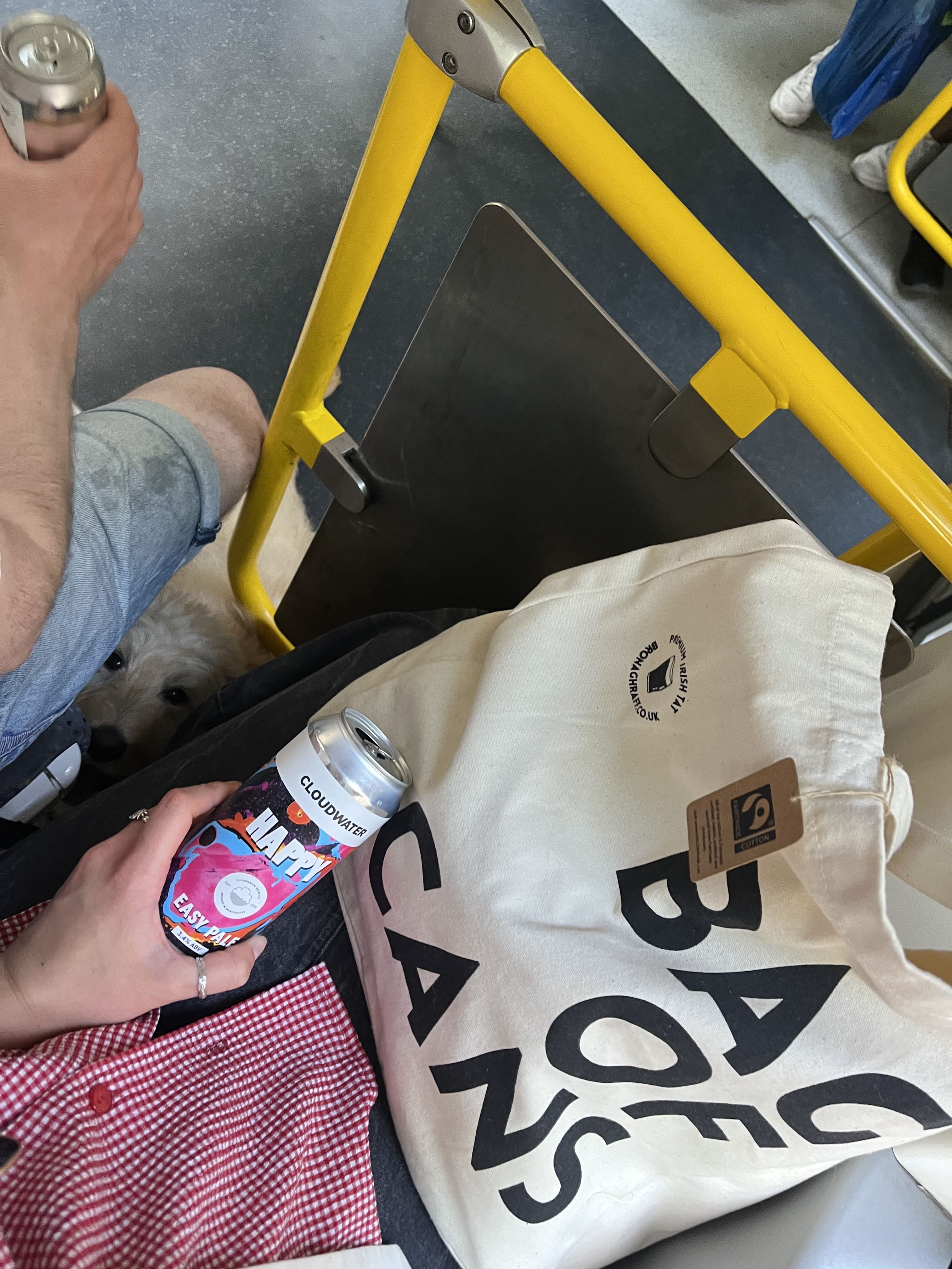 BAG OF CANS IRISH TOTE BAG ON A TRAM