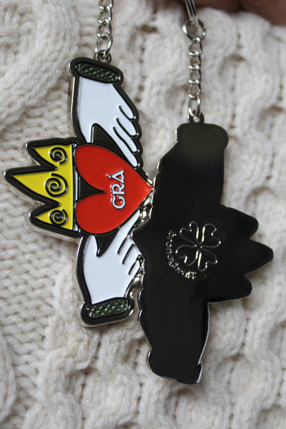 Modern Claddagh keyring by Bronagh Rafferty heart, hands and crown with bronaghraff clover logo