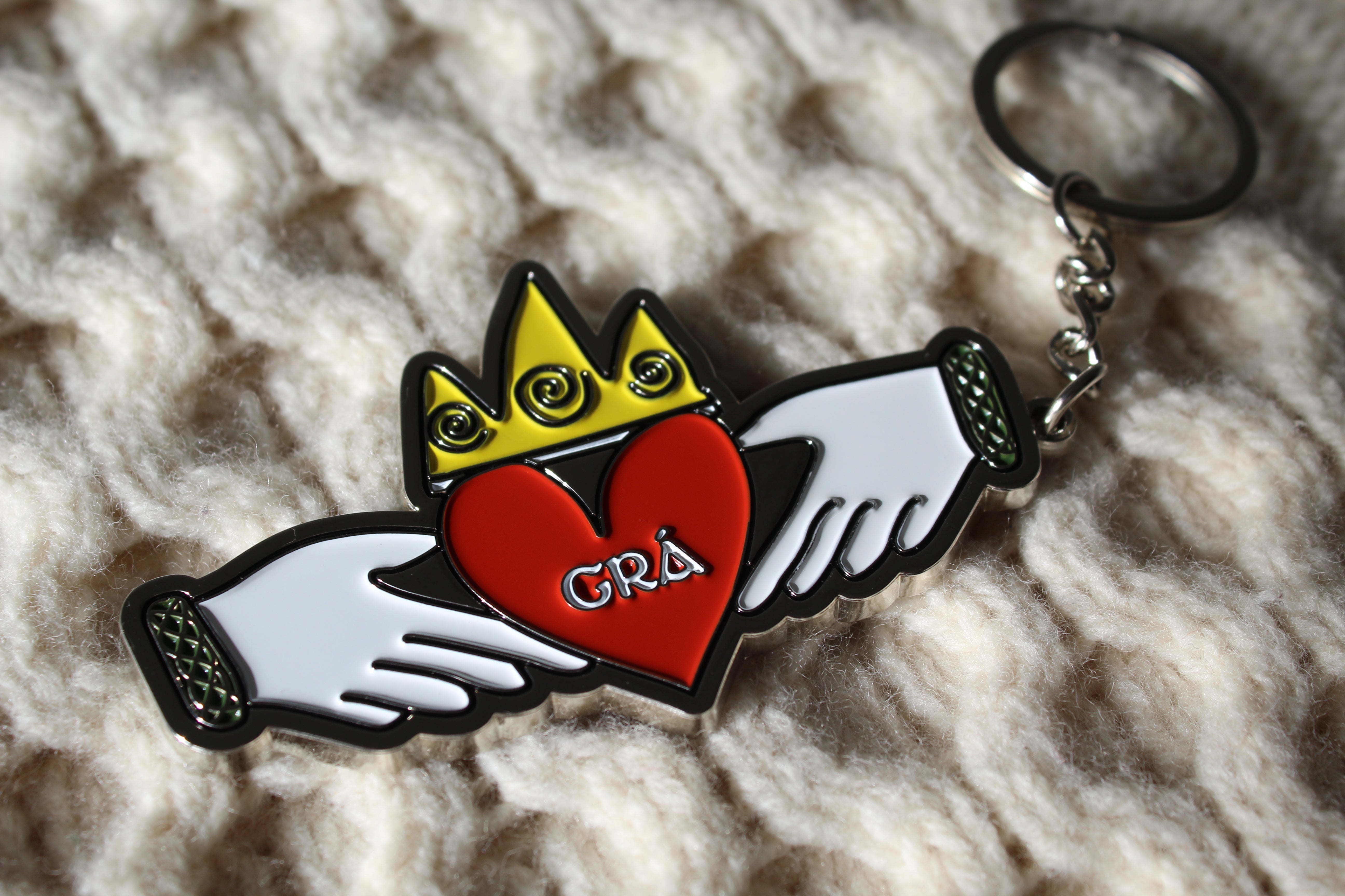 Claddagh keyring featuring a red heart with the Irish word ‘Grá’, designed by Irish artist Bronaghraff