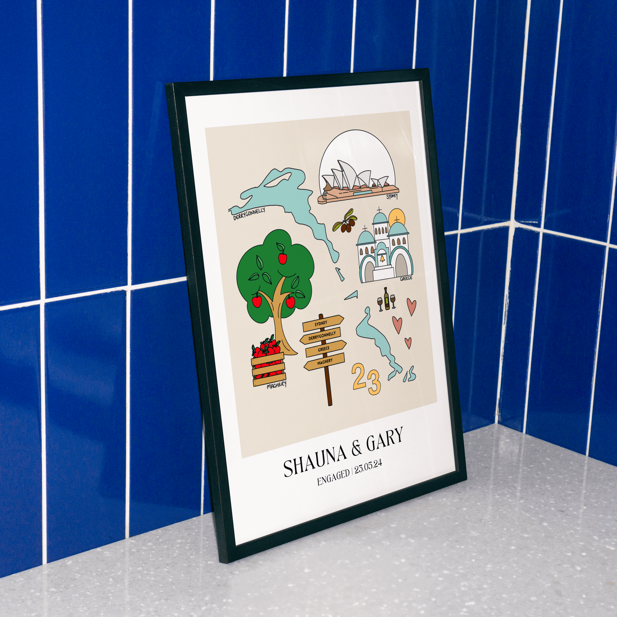 Custom engagement illustration print example 1 framed leaning on blue tiles