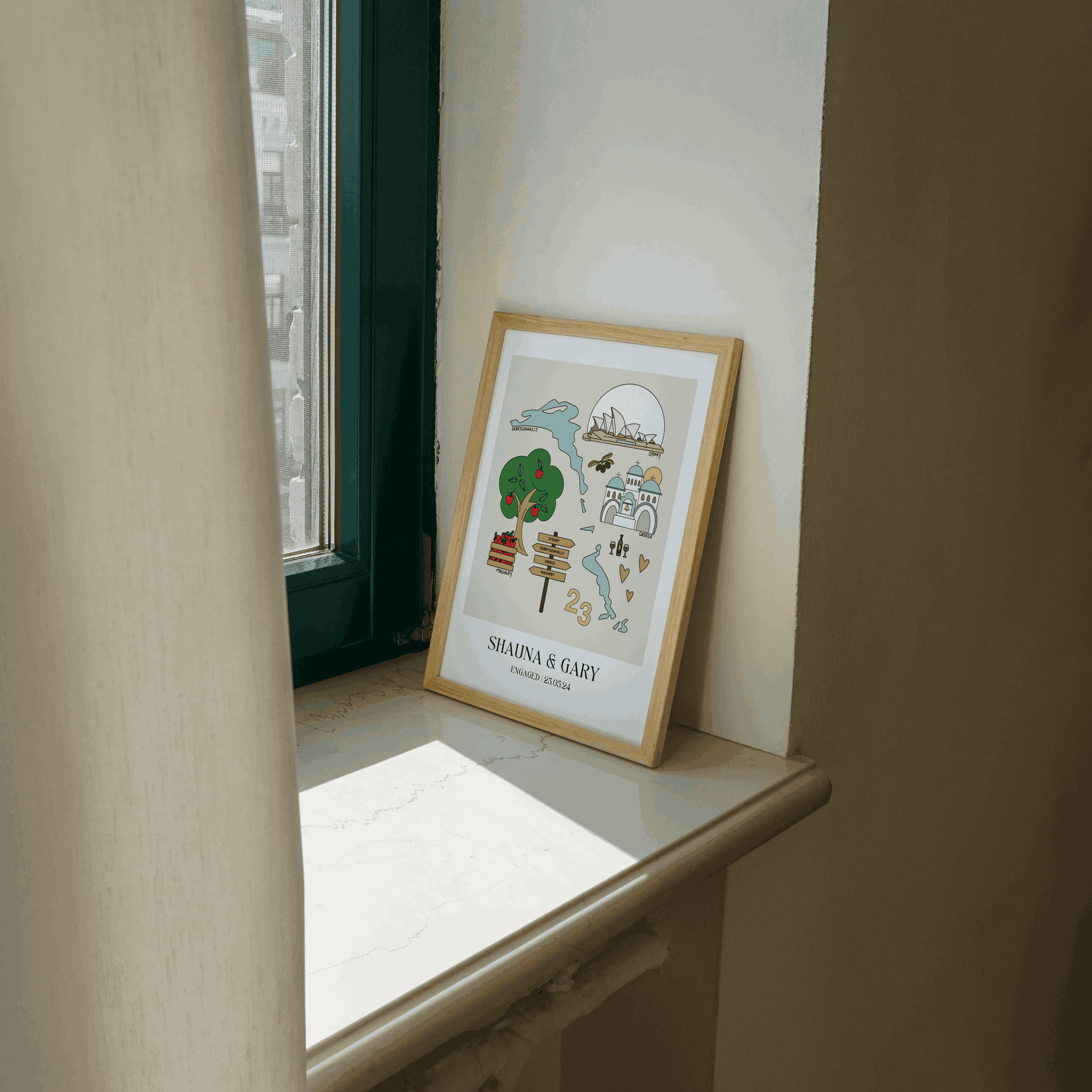 Custom engagement illustration print example 2 framed in a window sill