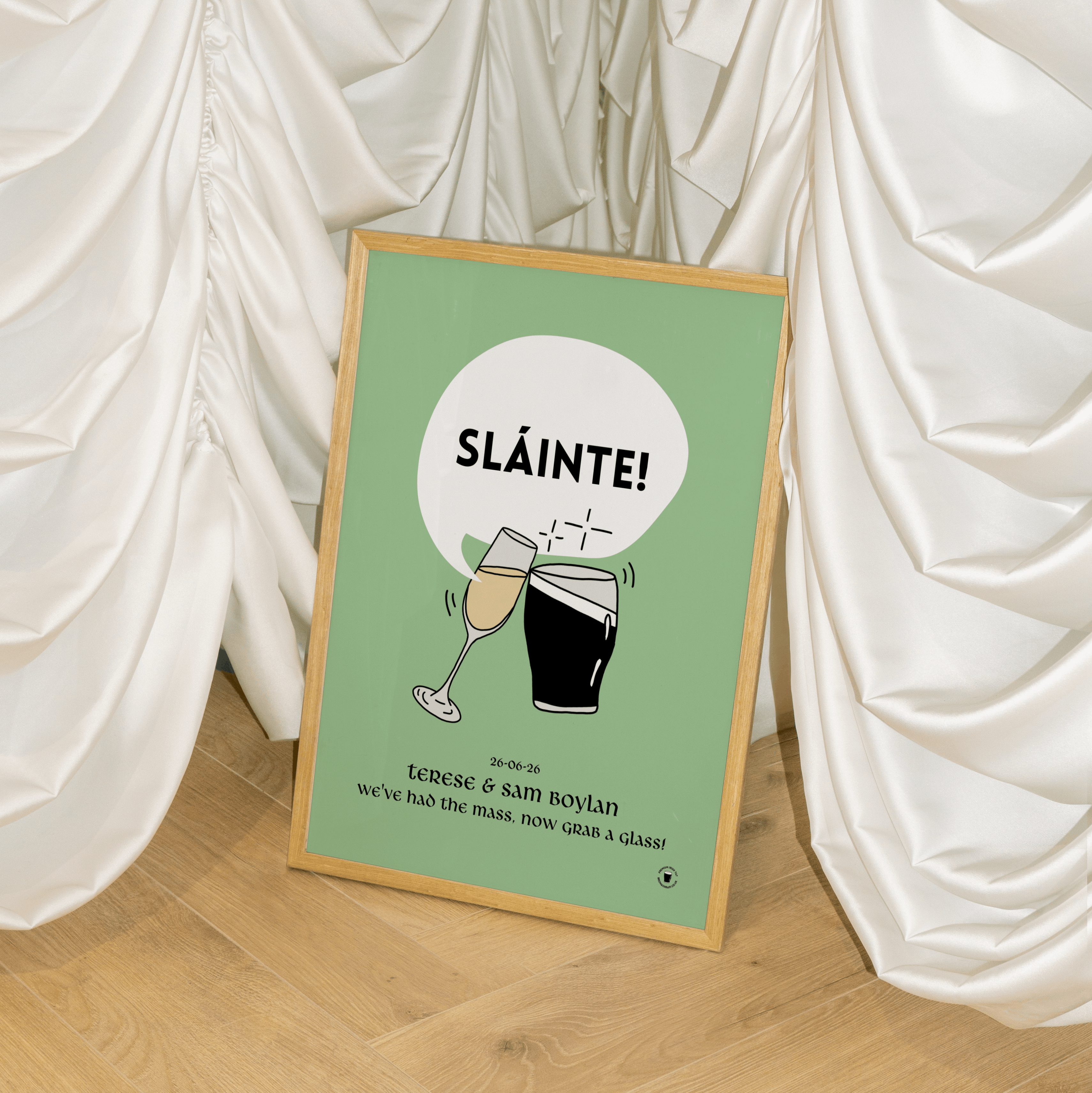 Pint and prosecco print sage green personalised irish wedding art