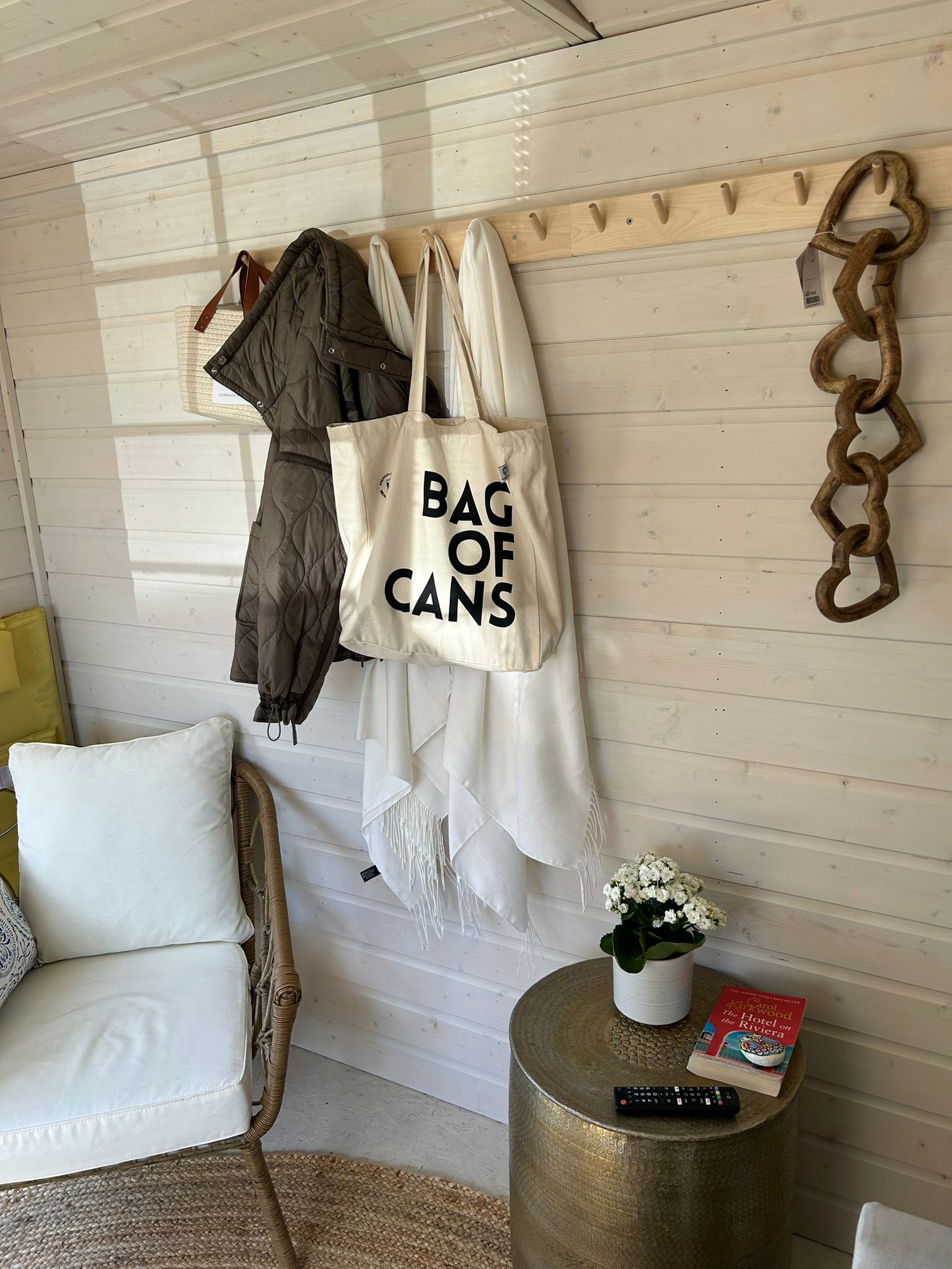 BAG OF CANS IRISH TOTE BAG HUNG UP ON A PEG