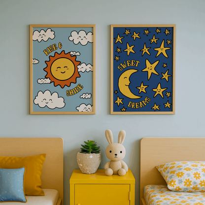 Playful sun/ moon-themed kids wall art with ‘Rise and Shine / ‘Sweet Dreams’ message. Hand-drawn print in A4 or A3. Irish or English options by Bronagh Rafferty